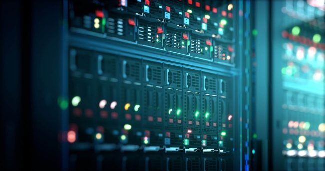 Server in datacenter. Cloud computing data storage 3d rendering