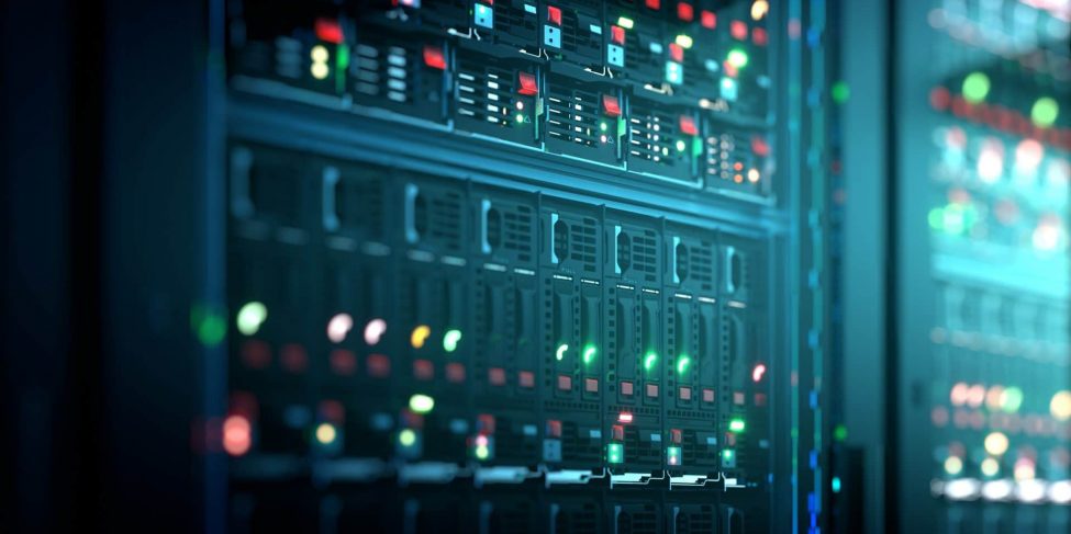 Server in datacenter. Cloud computing data storage 3d rendering