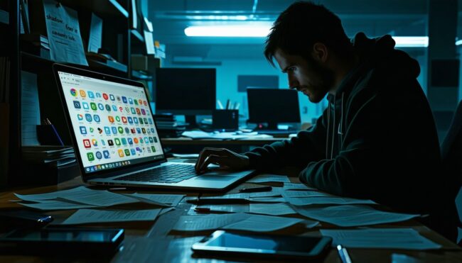 The image depicts a dimly lit office space cluttered with various electronic devices scattered across a desk A laptop screen d