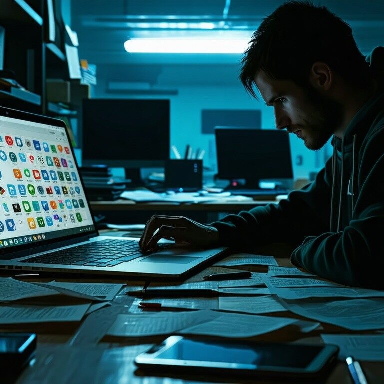 The image depicts a dimly lit office space cluttered with various electronic devices scattered across a desk A laptop screen d